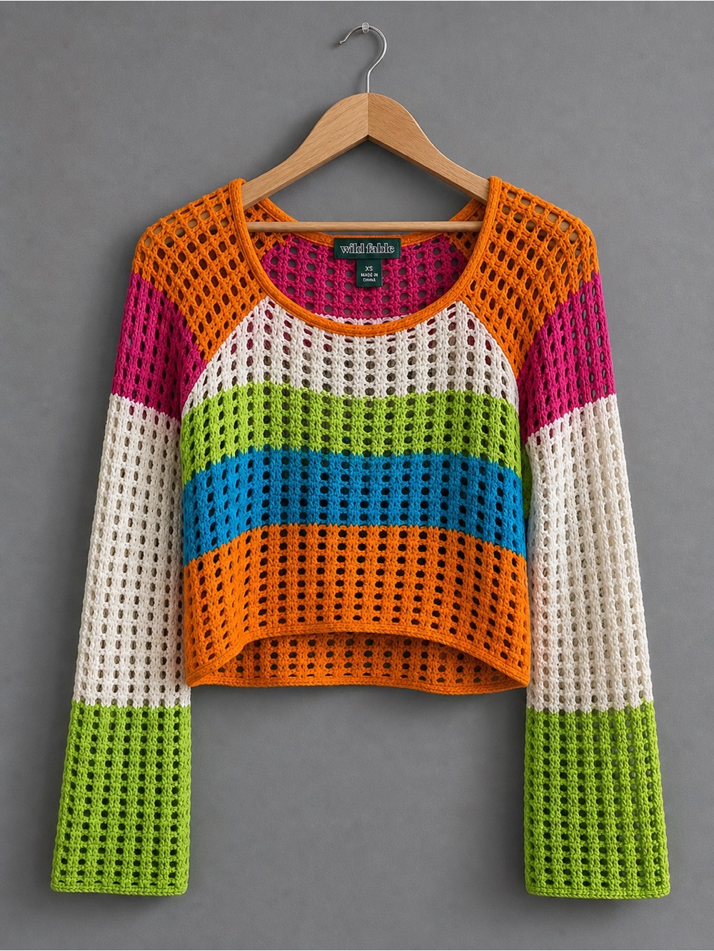 Wild Fable XS Crochet Knit Sweater Colorblock Crop Boho Cotton Top